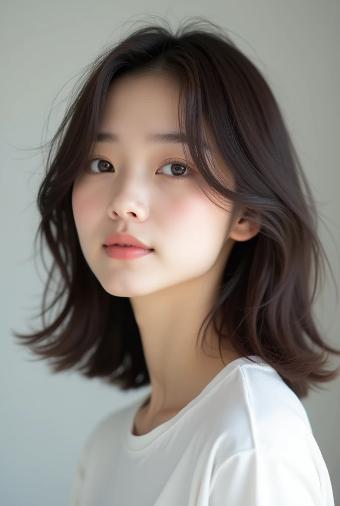 Light layered style、Transparent woman、young、White T-shirt、Reduces neck volume、Fair-skinned pretty woman、No blunt ends、
Chest-length hair、Dark brown color hair、A cute woman with layered hair、Light hair ends、Straight looking hair、gloss々hair、Tapered Hair