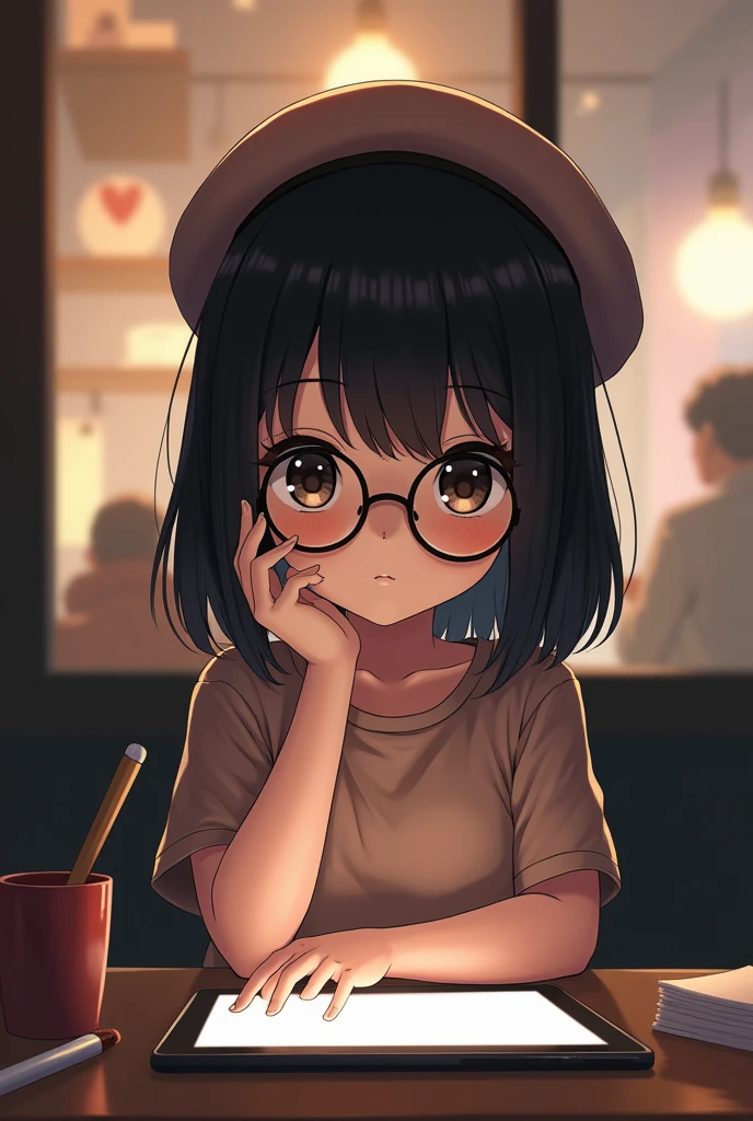 (anime girl with black hair and round circle glasses:1.2), with a pencil and a berret hat on her head, (holding a drawing tablet:1.1), anime girl sitting at a table with a tablet computer in her hand, anime style, from girls frontline, fine details. girls frontline, girls frontline universe, girls frontline style, girls frontline, girls frontline cg, soft anime illustration, 2 0 2 2 anime style, mysterious coffee shop girl, anime visual of a cute girl, anime girl with cat ears