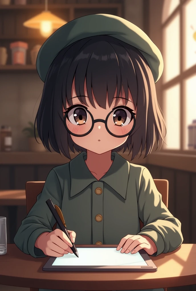 (anime girl with black hair and round circle glasses:1.2), with a pencil and a berret hat on her head, (holding a drawing tablet:1.1), anime girl sitting at a table with a tablet computer in her hand, anime style, from girls frontline, fine details. girls frontline, girls frontline universe, girls frontline style, girls frontline, girls frontline cg, soft anime illustration, 2 0 2 2 anime style, mysterious coffee shop girl, anime visual of a cute girl, anime girl with cat ears