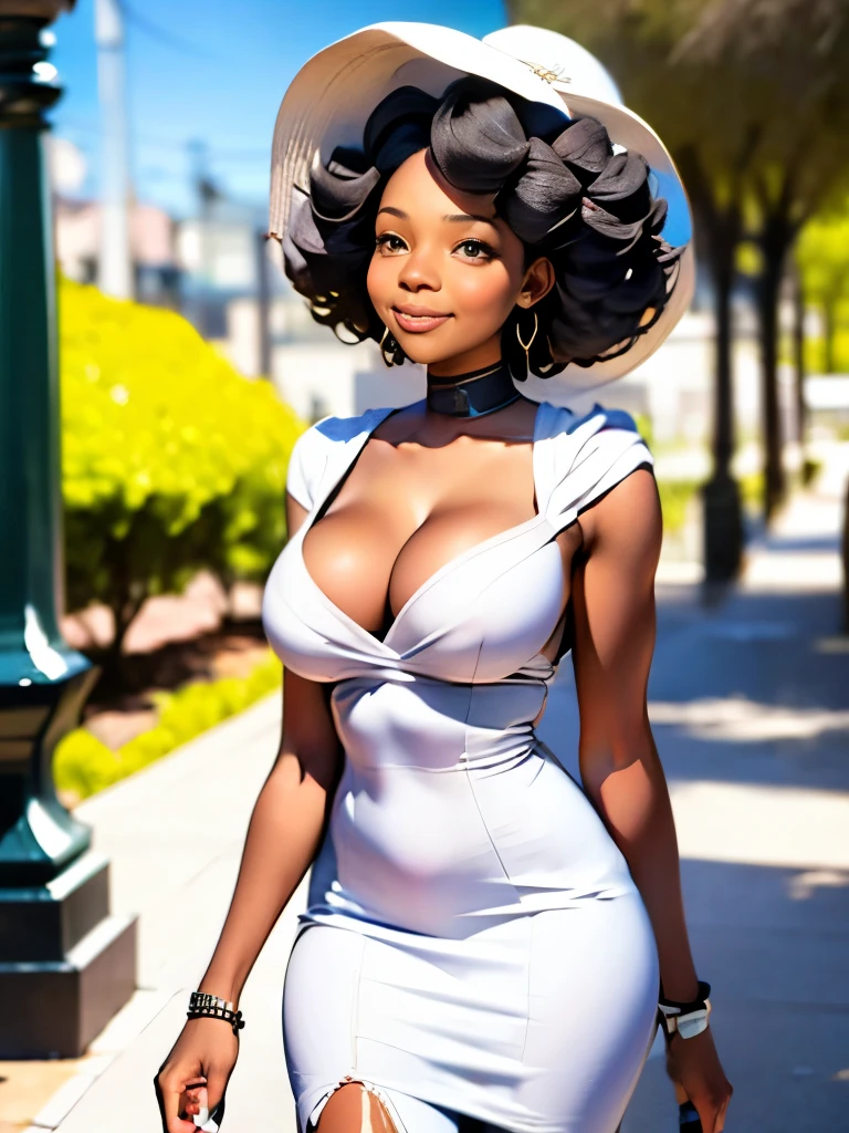 there is a woman wearing a white hat and a white dress, a pastel by Marie Angel, instagram, rococo, soft devil queen madison beer, wearing white silk hood, curly bangs, she has olive brown skin, tessa thompson inspired, brown skin. light makeup, ☁🌪🌙👩🏾, her face framed with curls, with brown skin, cute complexion