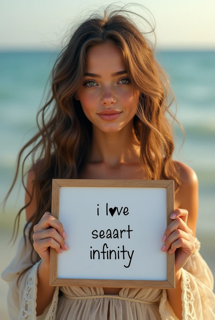 Beautiful girl with wavy long hair, bohemian dress, holding a white board with text "I Love Seaart Infinity" and showing it to the viewer