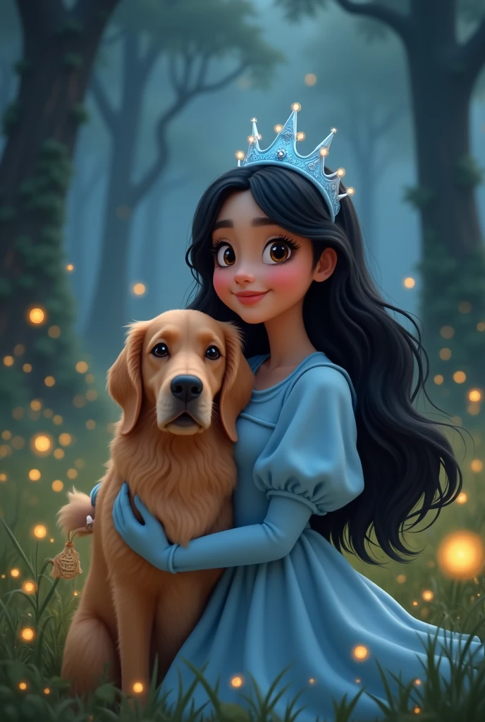 Chica de medium tone skin con cabello negro , dark eyes , beautiful smile.with a golden retriever dog. Repesentavion pixar, light blue oversized dress ,spongy ,with a blue crown, blue gloves , in a forest with fireflies at night, medium tone skin
