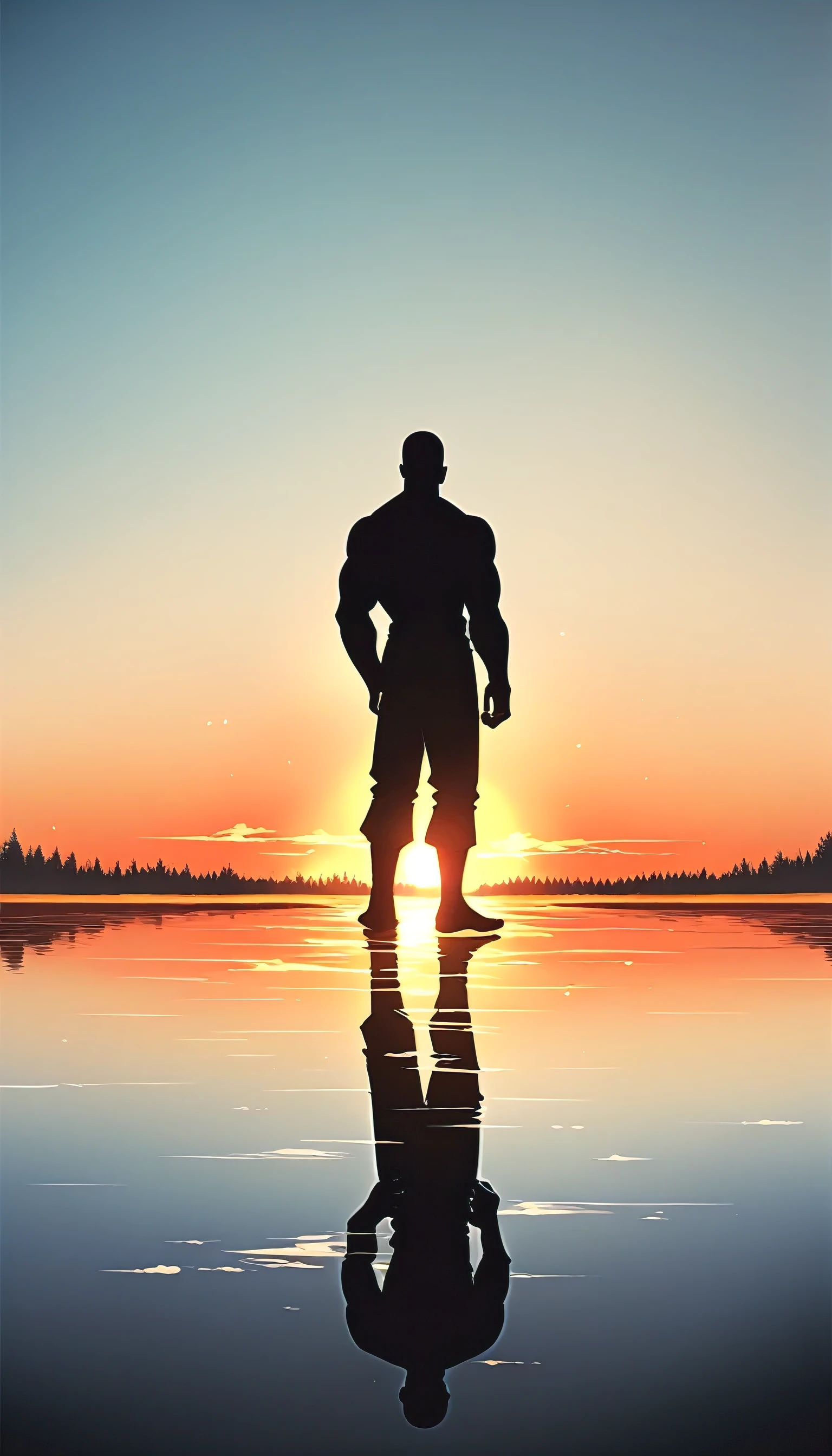 A Strong Buddhist muscular man stands in the smoke, Black jumpsuit, Very tight, Silhouette effect, Tall muscular man, Priapus, Dark Black, Dark black skin, Buzz Cut, His muscles are very developed, Very tall, short hair, Blend into the smoke, Lake, Reflection, Sunset, Sunset, Man silhouette, Chinese, black and white, Simple style