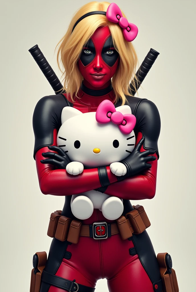 Ladypool holding hellokitty plush with pink bow in her hair blonde hair (from deadpool)
