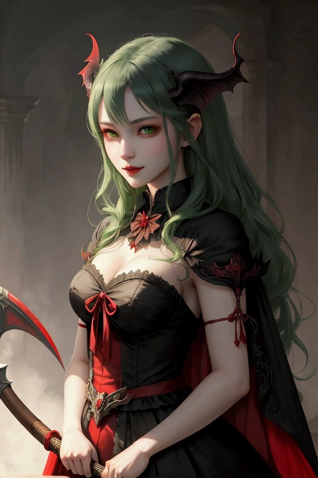 Art of Akihiko Yoshida a beautiful succubus, with black and red wings, green eyes, carrying a scythe, wearing a long dress and close to the body, with a mischievous smile, medieval fantasy, well detailed, ar 2:3