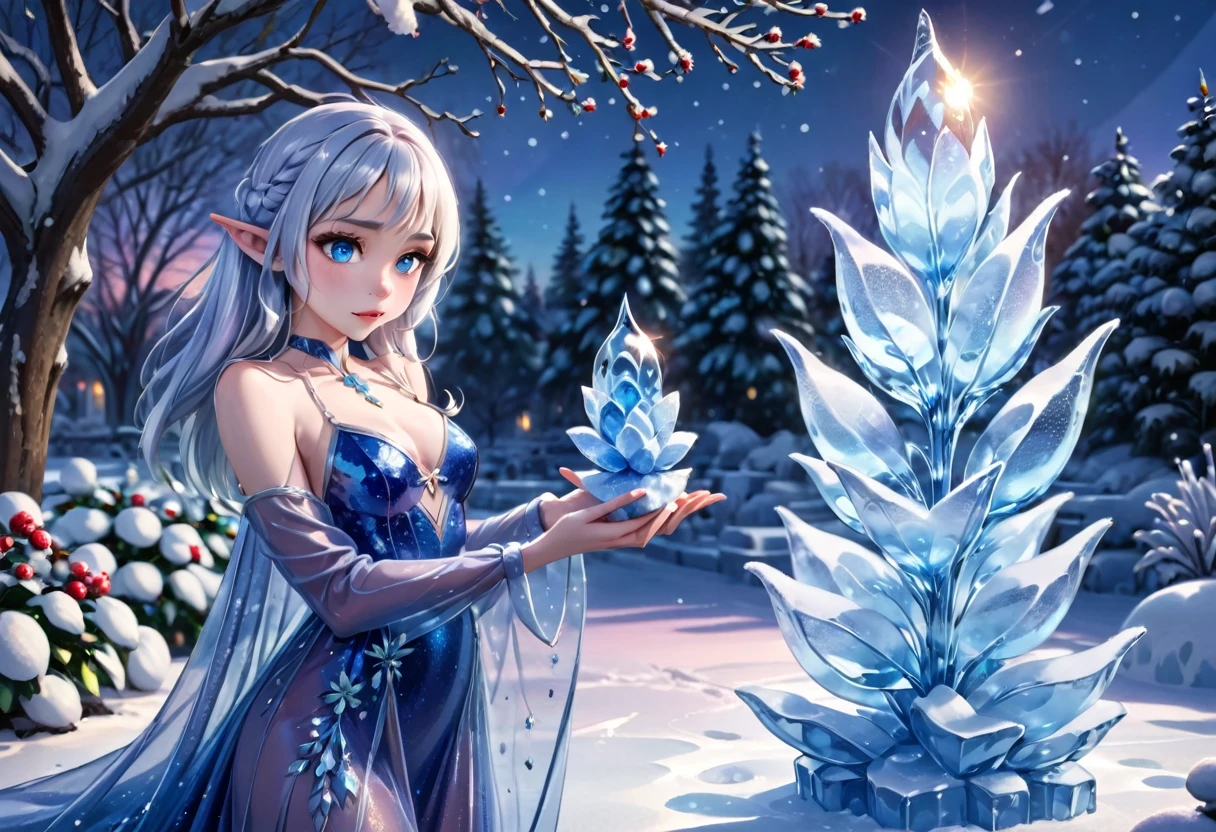 A cute ice elf woman with blue skin, deep blue eyes, pointy ears, waist length pale hair, wearing a sapphire sequin sparkling sheer night gown, inspecting her ice sculpture flower garden in a snow landscape at twilight, (best quality,4k,8k,highres,masterpiece:1.2),ultra-detailed,(realistic,photorealistic,photo-realistic:1.37),detailed ice sculpture flowers,snowy landscape,ethereal lighting,fantasy,magical,cinematic
