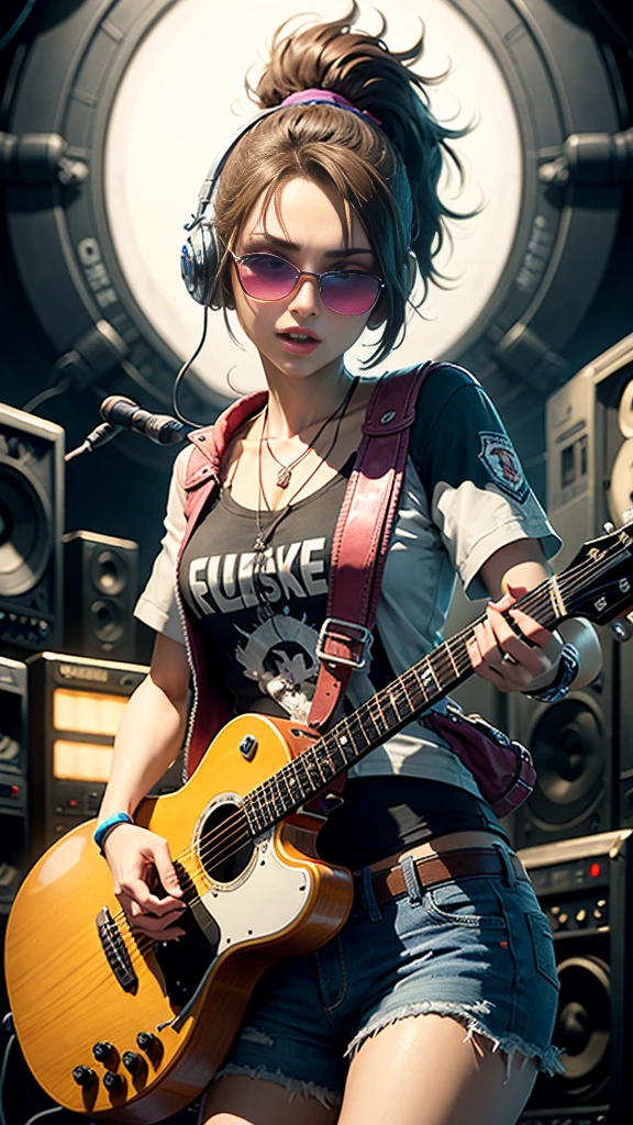 Rock puppy,Wearing sunglasses,holding guitars,Rock music,dj,Cool stage,Let the rhythm and energy of a particular genre or song inspire your creation. Use bold strokes, splash of color, and dynamic forms,Transform the essence of music into a canvas. Cadmium yellow experiment, magenta, The titanium white tone evokes the emotions and feelings that music can evoke, top-quality, single focal, complex (the detail: 1.1) unreal-engine,tmasterpiece, (ultra - detailed),