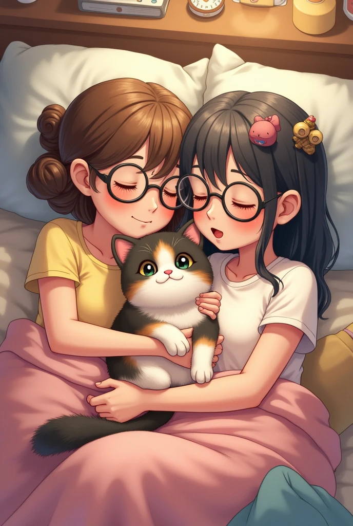 A 2 girl with glasses and curlers, lying in a bed with a fat tricolor cat 