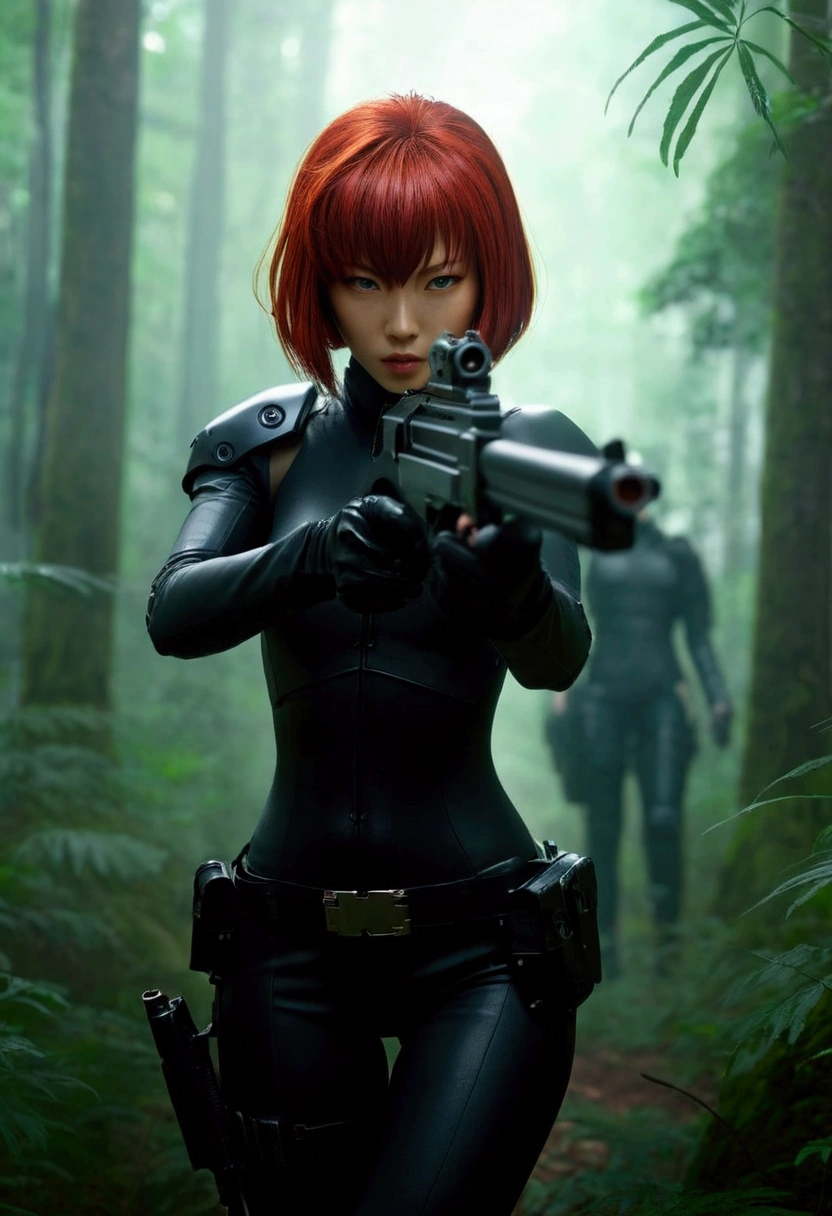 a woman in a black outfit holding a gun in a forest, stunning cgsociety, redhead female cyberpunk, motoko kusanagi, high definition cgsociety, cgsociety contest winner, cgsociety masterpiece, cgsociety inspired, [ trending on cgsociety ]!!, cgsociety contest winner!!, stunning photo real concept art, cgsociety contest winner!!!, trending in cgsociety