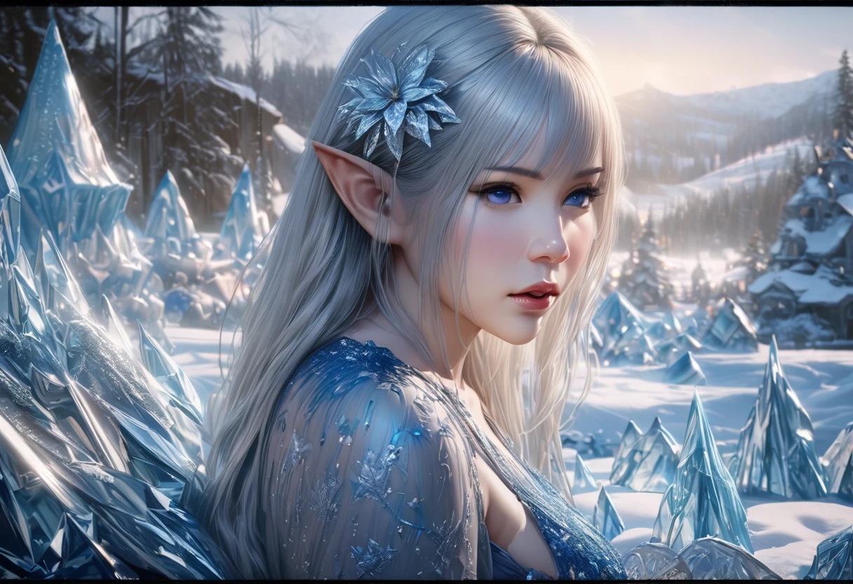 A cute ice elf woman with blue skin, deep blue eyes, pointy ears, waist length pale hair, wearing a sapphire sequin sparkling sheer night gown, inspecting her ice sculpture flower garden in a snow landscape at twilight, (best quality,4k,8k,highres,masterpiece:1.2),ultra-detailed,(realistic,photorealistic,photo-realistic:1.37),detailed ice sculpture flowers,snowy landscape,ethereal lighting,fantasy,magical,cinematic
