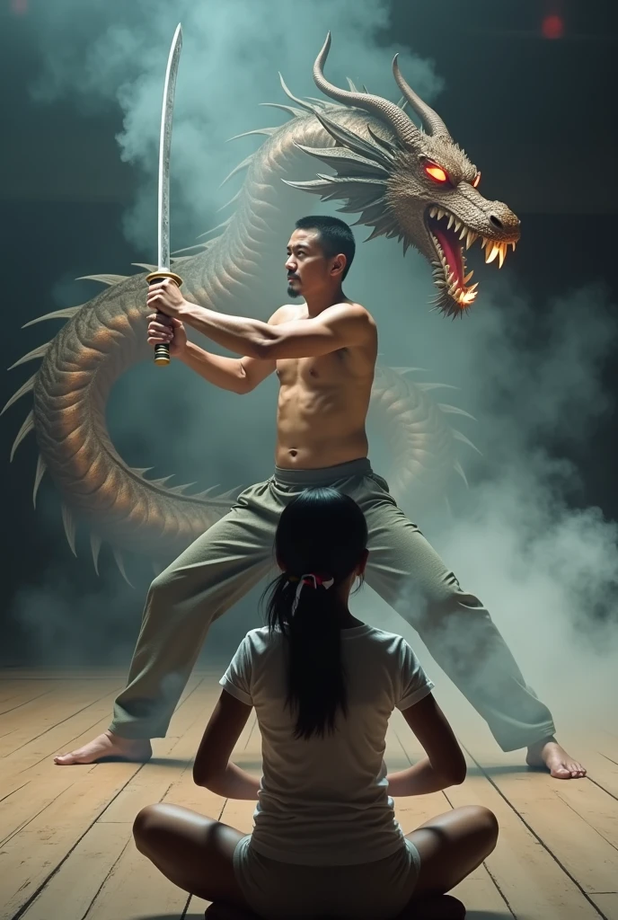 very detailed and realistic photo, HD quality, 4K, a man expert in traditional Javanese Indonesian martial arts. 50 years old, sturdy body slightly muscular, short black hair, position facing the camera, with a horse stance, right hand holding a fire sword and left hand clenched crossed in front of the chest, wearing a white t-shirt, black pants and traditional Javanese shoes, in a dimly lit room full of mystical nuances there is white smoke, behind the person's standing position there is a very exotic angry dragon, showing the dragon moves demonstrated by the martial arts expert. A young Indonesian girl facing the camera full face appears, clean smooth skin, loose black hair with a red and white Indonesia flag headband wearing a tight white t-shirt and sexy short bottoms wearing traditional Javanese Indonesian shoes sitting half cross-legged in front of the martial arts expert. make it in detail and very complicated and very clear, realistic and sharp.