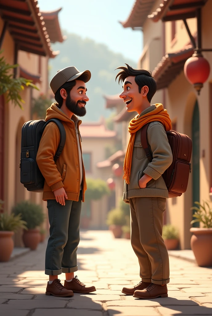 An image of a traveler chatting with a local male inhabitant on a picturesque street. The traveler is using phrases in the local language, and the local is smiling and responding kindly. The scene conveys a sense of connection and cordiality., with a typical architecture in the background.