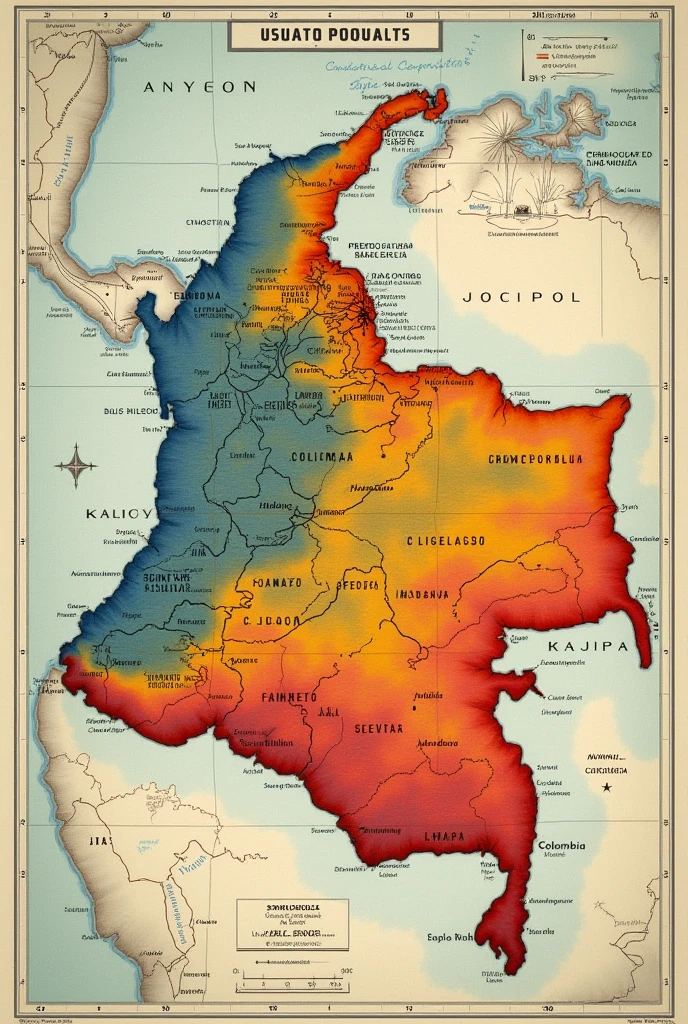 Map highlighting the regions of Colombia in the years 1825 and 1851 with the largest and smallest slave populations, with different colors, Each one with its name in Spanish and explained