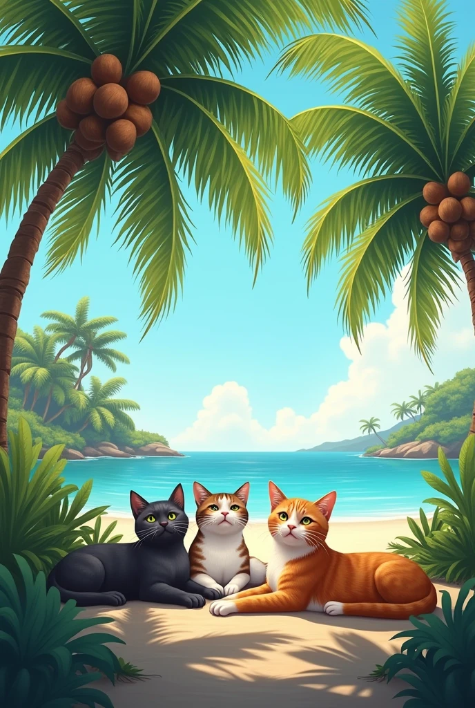 Hello my three cats under the coconut trees of Tahiti please I will send you the photo