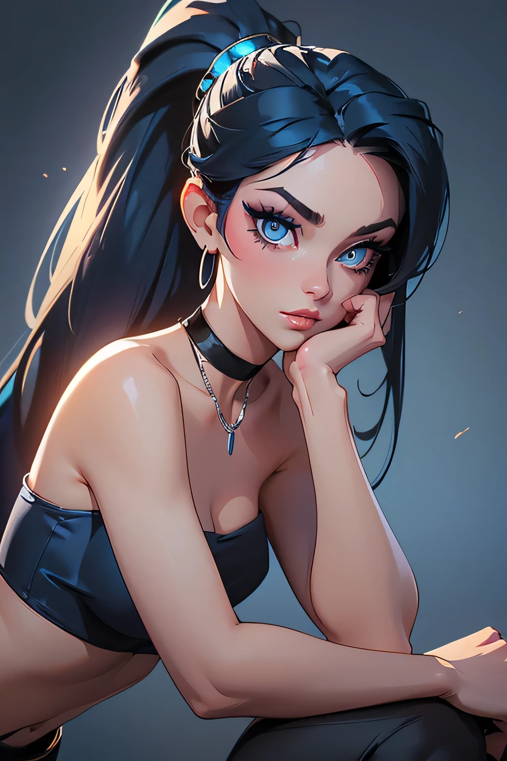 Amazing portrait of a sexy woman with a beautiful face covered with makeup with blue eye shadow and blue eyeliner emphasizing her seductive eyes and her long black hair in a long ponytail wearing a small blue necklace and silver hoop earrings and a short blue strapless top showcasing her bare shoulders and midriff paired with long blue bell bottom leggings and high heels