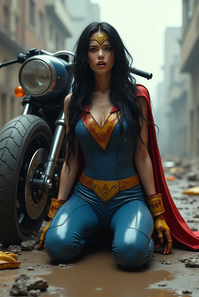 (((In extreme close-up a beautiful woman with long black hair (((Diaema in golden circles on her forehead)))Under the cloak of Big Barda light eyes her superheroine costume is samurai themed. Her usual costume is a blue leather jumpsuit with scales all over the suit and a gold armor corset over her jumpsuit, thick red belt, burnt yellow boots and gloves on a large, high-cylinder motorcycle in an apocalyptic city with a lot of destruction.))),(((Big Barda logos on the motorcycle))),(((Side images)))