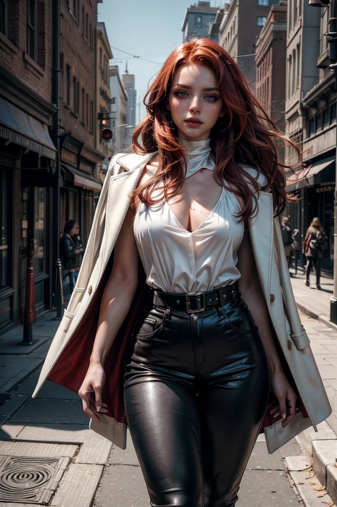 a beautiful young celebrity woman with long flowing red hair, lora_Emma, wearing high-quality high-waisted leather pants and a formal white top with a plunging neckline, a elaborate decorative waist belt, a coat draped over her shoulders, coat on shoulders, and red-tinted sunglasses, walking outdoors in a city setting, (best quality,4k,8k,highres,masterpiece:1.2),ultra-detailed,(realistic,photorealistic,photo-realistic:1.37),cinematic lighting,highly detailed,intricate details,dramatic pose,striking expression,vibrant colors,natural shadows,elegant,fashionable