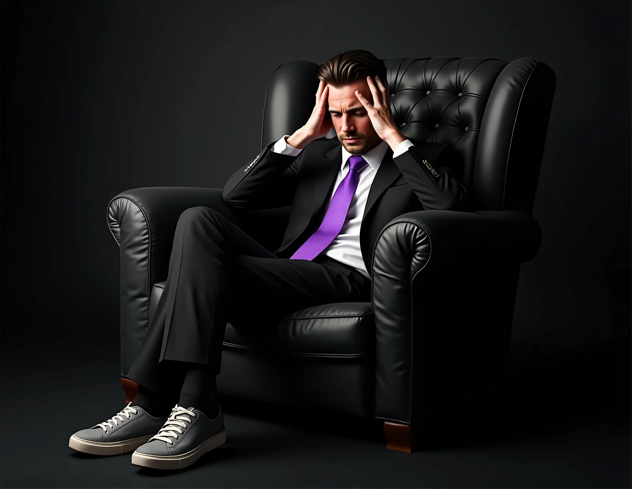 Create a realistic image for a profile picture where a 3  “Man”, With a Black suit, purple tie, casually sitting on a big, comfortable black chair, wearing light gray sneakers, looking dissapointed, full ultra high detail realisitic quality