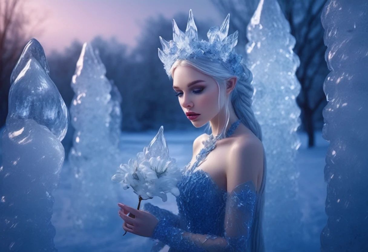A cute ice elf woman with blue skin, deep blue eyes, pointy ears, waist length pale hair, wearing a sapphire sequin sparkling sheer night gown, inspecting her ice sculpture flower garden in a snow landscape at twilight, (best quality,4k,8k,highres,masterpiece:1.2),ultra-detailed,(realistic,photorealistic,photo-realistic:1.37),detailed ice sculpture flowers,snowy landscape,ethereal lighting,fantasy,magical,cinematic
