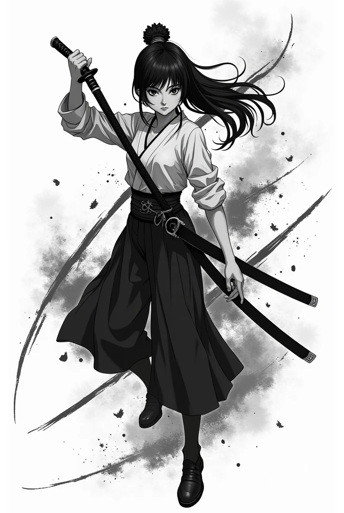 Create a black and white swordsman style anime girl tattoo design