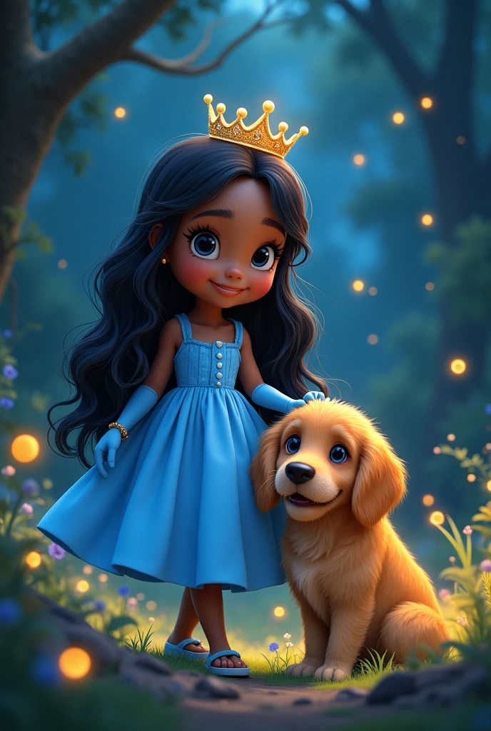 Medium skin tone girl with black hair , dark eyes , beautiful smile.with a golden retriever dog. Repesentavion pixar, light blue oversized dress ,spongy ,with a blue crown, blue gloves , in a forest with fireflies at night, dark skin tone