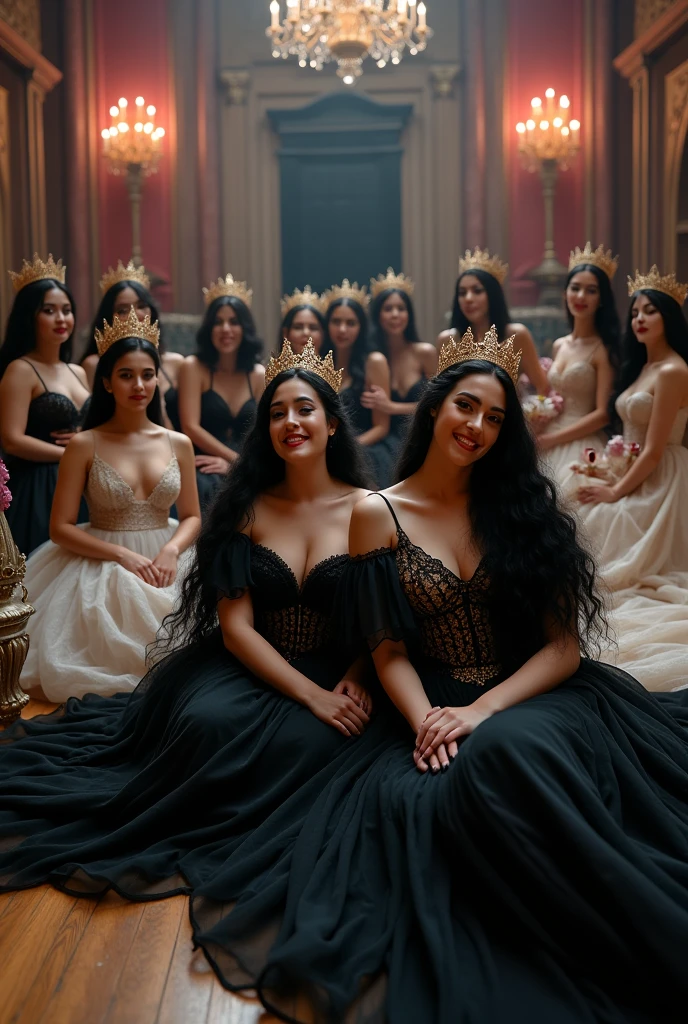 "A full-body shot of a (extra wide angle) in a dark low light medeval ballroom in an old palace. Super-big ballroom 2 queen twin sisters and their 10 friends with big light-colored eyes, super-long shiny blackest hair, white long hair also((Detailed face:1.2)), perfect beautiful teeth, perfect hands, five fingers on each hand, big breasts cleavage, most perfect eyes 1:1, white perfect skin, rosy cheeks. They are laying on the floor in a middle of a super-enormous ballroom 1:3 with sparkling pink cristals everywhere in the candelight 1:1 Wearing a layered black, white and gold ballroom dresses with lace and shiffon. leans bending to the side nonchalantly beside a black thrown. On their head is a gold crown, adorned with pink crystals 1:1. They are laughing and laughing at eachother and rolling around the floor. A white cat lounges on the floor in front of her 1:1, while a blue bird perches atop the throne. The scene includes a elegant, extraordinairy beautiful gothic empresses, striking a bendover poses, excited and laughing. their long black hair flowing all around. Having fun.Embodying a beautiful yet disheveled gothic queens (Best Quality) (Detailed). The environment exudes a medieval fantasy vibe, with a big black intricate throne in a corner, a dark medeval chandelier with few candles hanging from the ceiling a very low romantic lighting. In a fantastic scene that uses 3D Surreal 3D model. Big gold gothic medieval five armed candlesticks sit on a blacktable, surrounded by crystal wine glasses—one tipped over and another half-full of wine. The entire setup is Best Quality, masterpiece yet regal, capturing the essence of a beautiful and happy girls, fantastical gothic setting, moist. Low lighting under neath, framed with the grandeur of medieval gothic style. photographed in a Canon EOS R5, 50mm Lens, F/2.8, nffsw, (8K)"