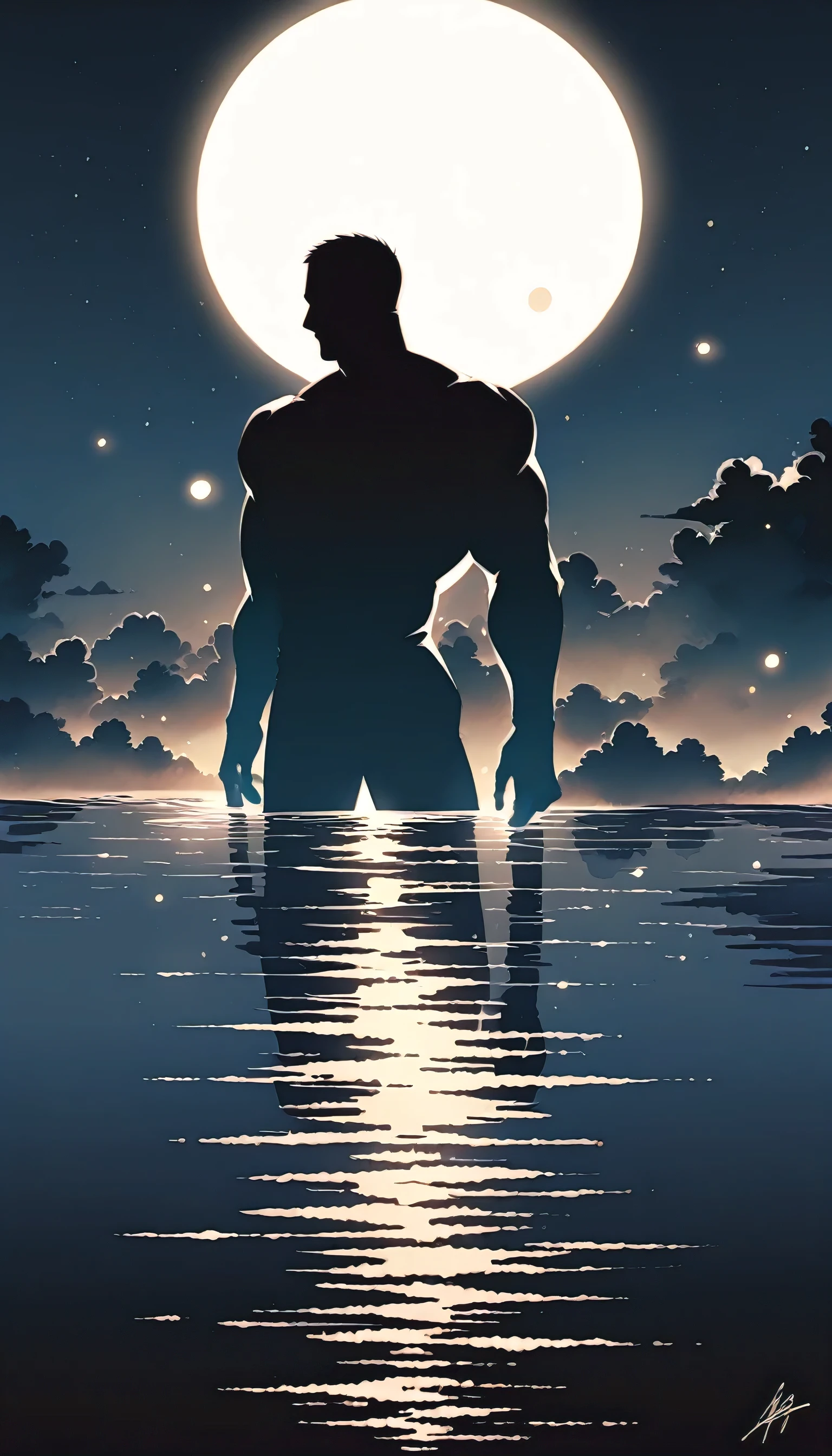 A Strong Buddhist muscular man stands in the smoke, Black jumpsuit, Very tight, Silhouette effect, Tall muscular man, Priapus, Dark Black, Dark black skin, Buzz Cut, His muscles are very developed, Very tall, short hair, Blend into the smoke, Lake, Reflection, Stars, moonlight, Big Moon, Man silhouette, Chinese, black and white, Simple style