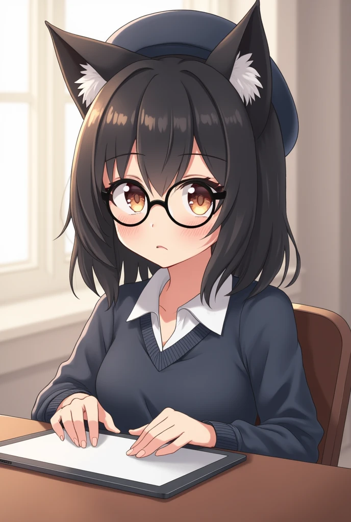 (anime girl with black hair and round circle glasses:1.2), with a pencil and a berret hat on her head, (holding a drawing tablet:1.1), anime girl sitting at a table with a tablet computer in her hand, anime style, from girls frontline, fine details. girls frontline, girls frontline universe, girls frontline style, girls frontline, girls frontline cg, soft anime illustration, 2 0 2 2 anime style, anime visual of a cute girl, anime girl with cat ears