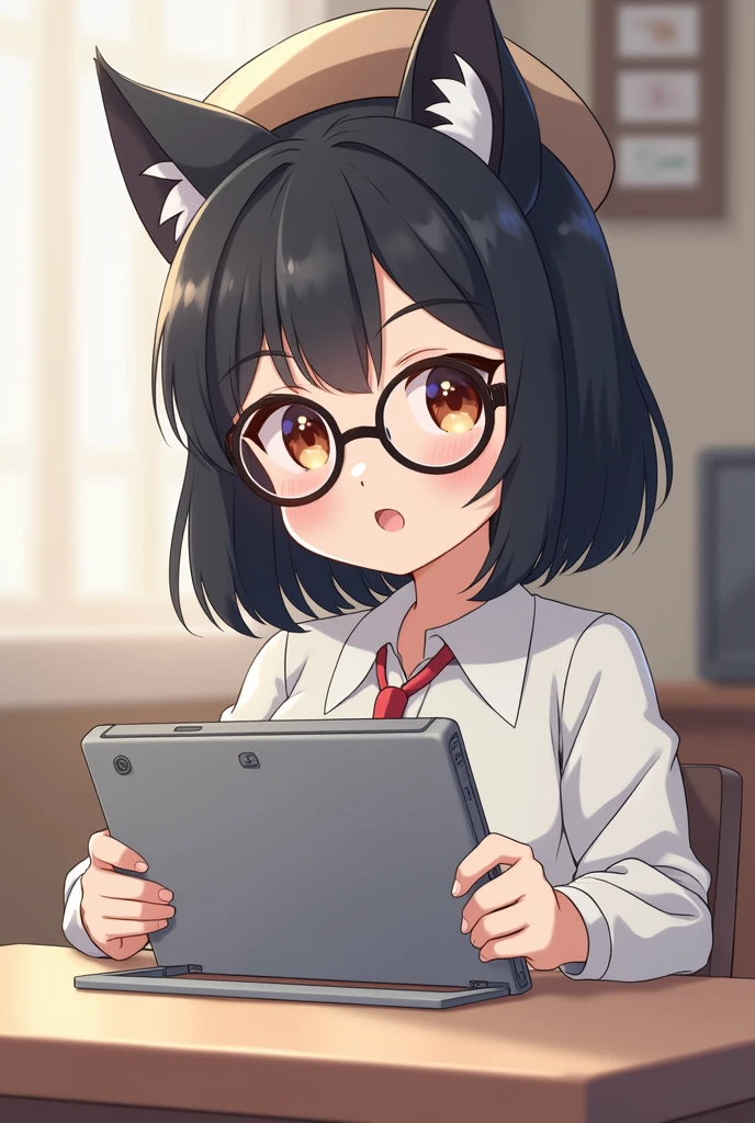 (anime girl with black hair and round circle glasses:1.2), with a pencil and a berret hat on her head, (holding a drawing tablet:1.1), anime girl sitting at a table with a tablet computer in her hand, anime style, from girls frontline, fine details. girls frontline, girls frontline universe, girls frontline style, girls frontline, girls frontline cg, soft anime illustration, 2 0 2 2 anime style, anime visual of a cute girl, anime girl with cat ears