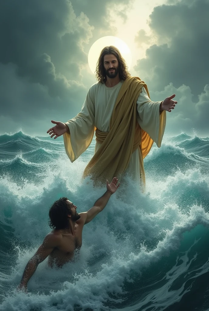 Jesus Guiding Through a Storm: Jesus is standing in the middle of a stormy sea, holding out His hand to someone struggling in the waters, symbolizing how He helps guide people through their mental and emotional storms.
