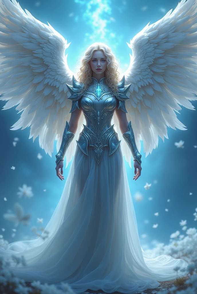 Angel with armor curly hair and 4 pairs of wings and a blue field