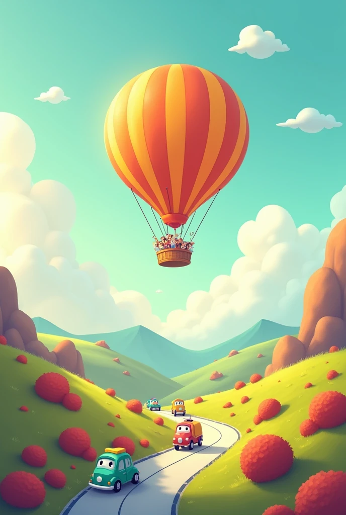 Pinkblue sky, orange firebaloon , road ,many cars going , landscape, animated