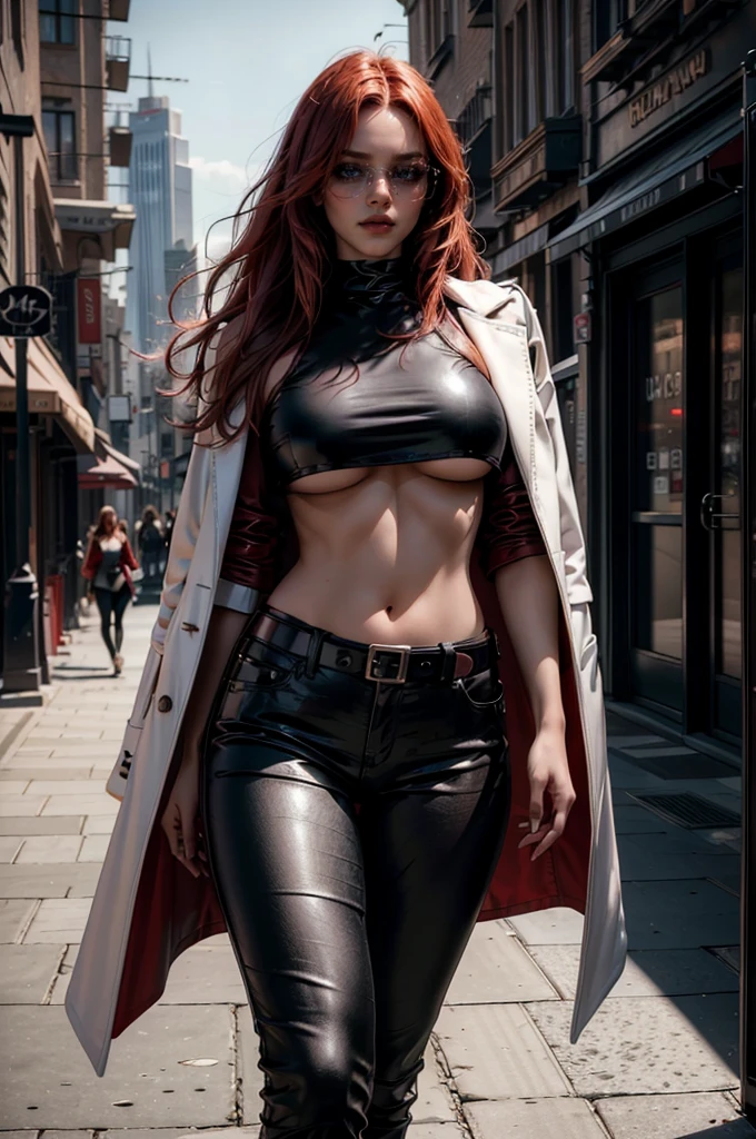 a beautiful young celebrity woman with long flowing red hair, lora_Emma, (wearing high-quality high-waisted black leather pants), (a formal white crop top with underboob), an elaborate decorative waist belt, a red coat draped over her shoulders, coat on shoulders, and red-tinted sunglasses, walking outdoors in a city setting, (best quality,4k,8k,highres,masterpiece:1.2),ultra-detailed,(realistic,photorealistic,photo-realistic:1.37),cinematic lighting,highly detailed,intricate details,dramatic pose,striking expression,vibrant colors,natural shadows,elegant,fashionable