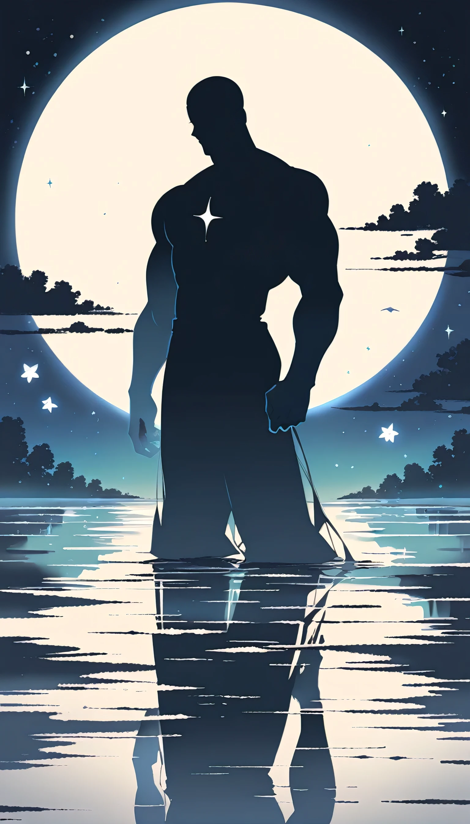 A Strong Buddhist muscular man stands in the smoke, Black jumpsuit, Very tight, Silhouette effect, Tall muscular man, Priapus, Dark Black, Dark black skin, Buzz Cut, His muscles are very developed, Very tall, short hair, Blend into the smoke, Lake, Reflection, Stars, moonlight, Big Moon, Man silhouette, Chinese, black and white, Simple style