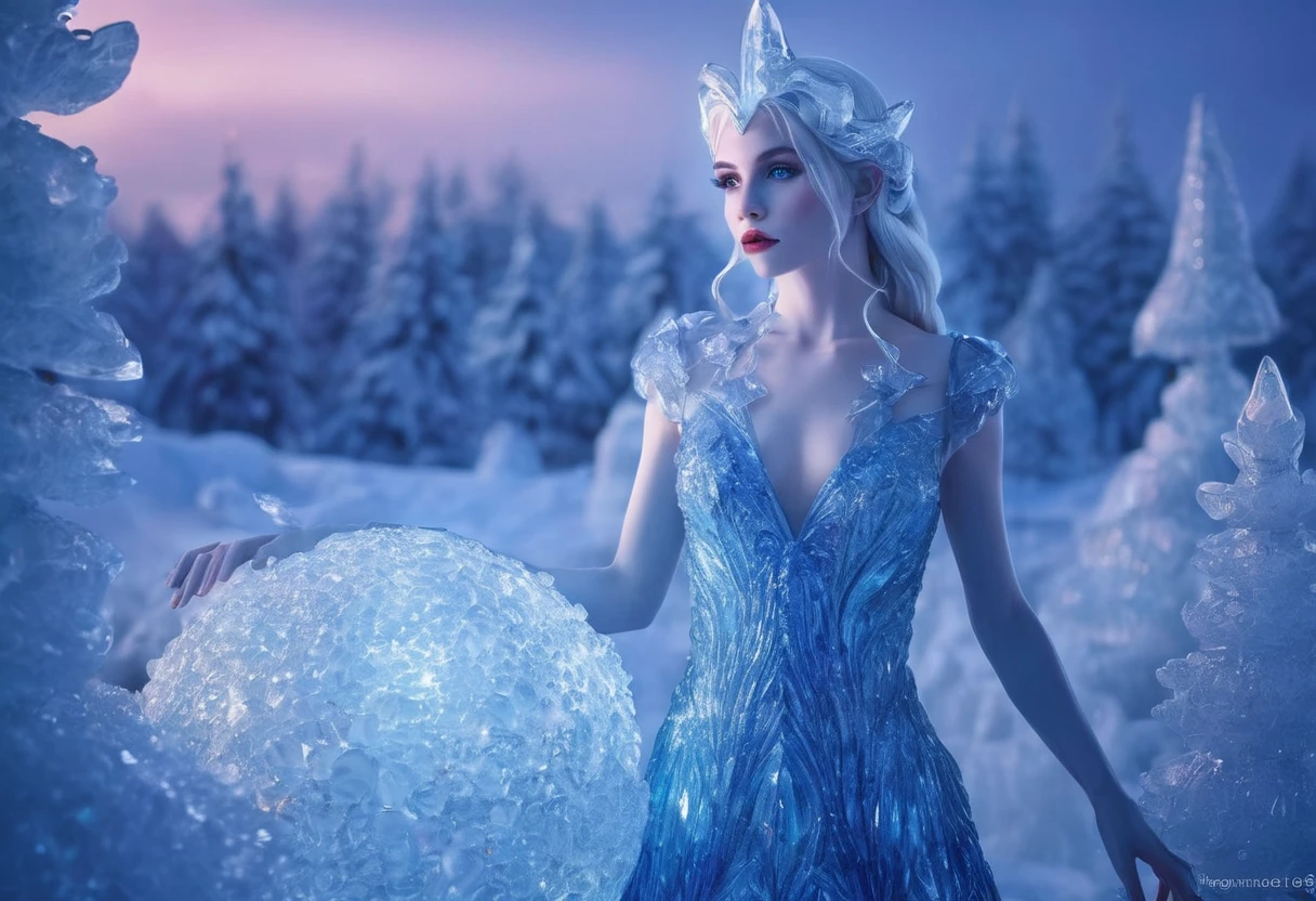 A cute ice elf woman with blue skin, deep blue eyes, pointy ears, waist length pale hair, wearing a sapphire sequin sparkling sheer night gown, inspecting her ice sculpture flower garden in a snow landscape at twilight, (best quality,4k,8k,highres,masterpiece:1.2),ultra-detailed,(realistic,photorealistic,photo-realistic:1.37),detailed ice sculpture flowers,snowy landscape,ethereal lighting,fantasy,magical,cinematic
