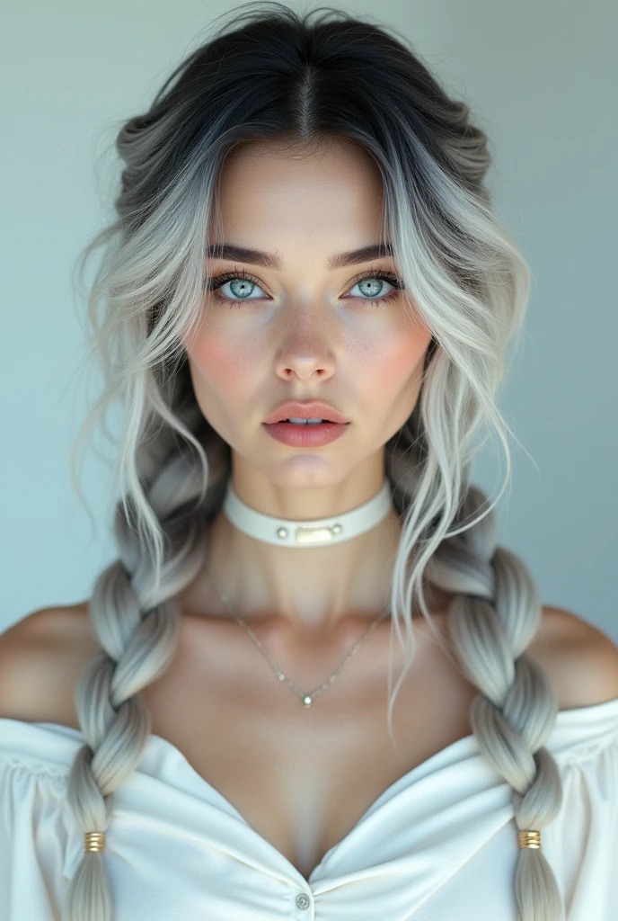 Excellent, ​masterpiece, white balck hair, blue eyes, White clothing, upper body, balck hair, light skin, side braids, best quality