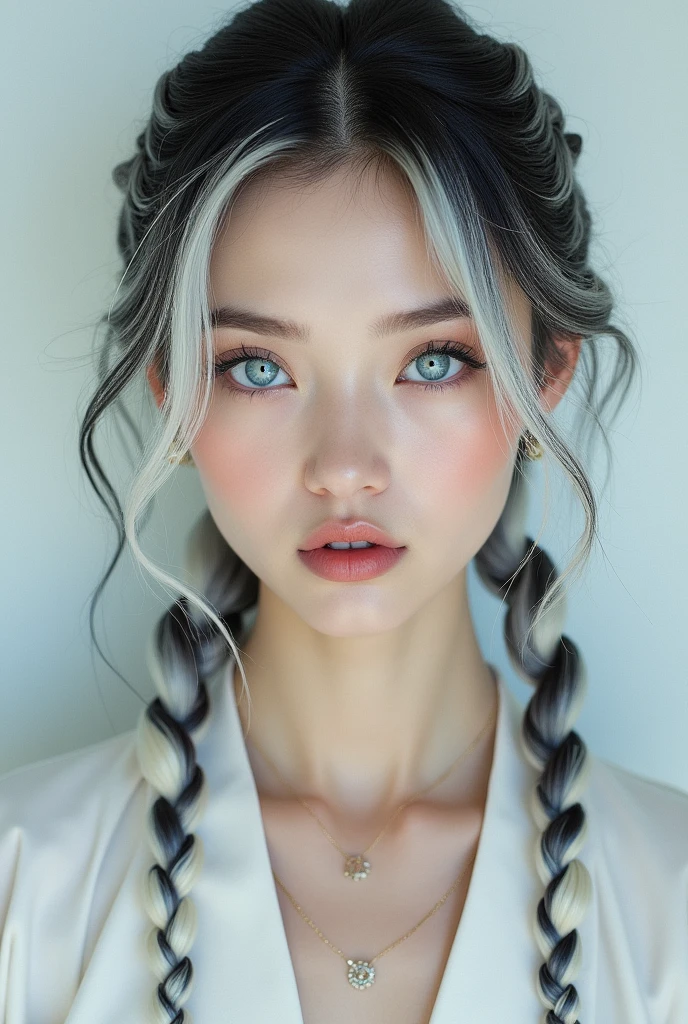 Excellent, ​masterpiece, white balck hair, blue eyes, White clothing, upper body, balck hair, light skin, side braids, best quality