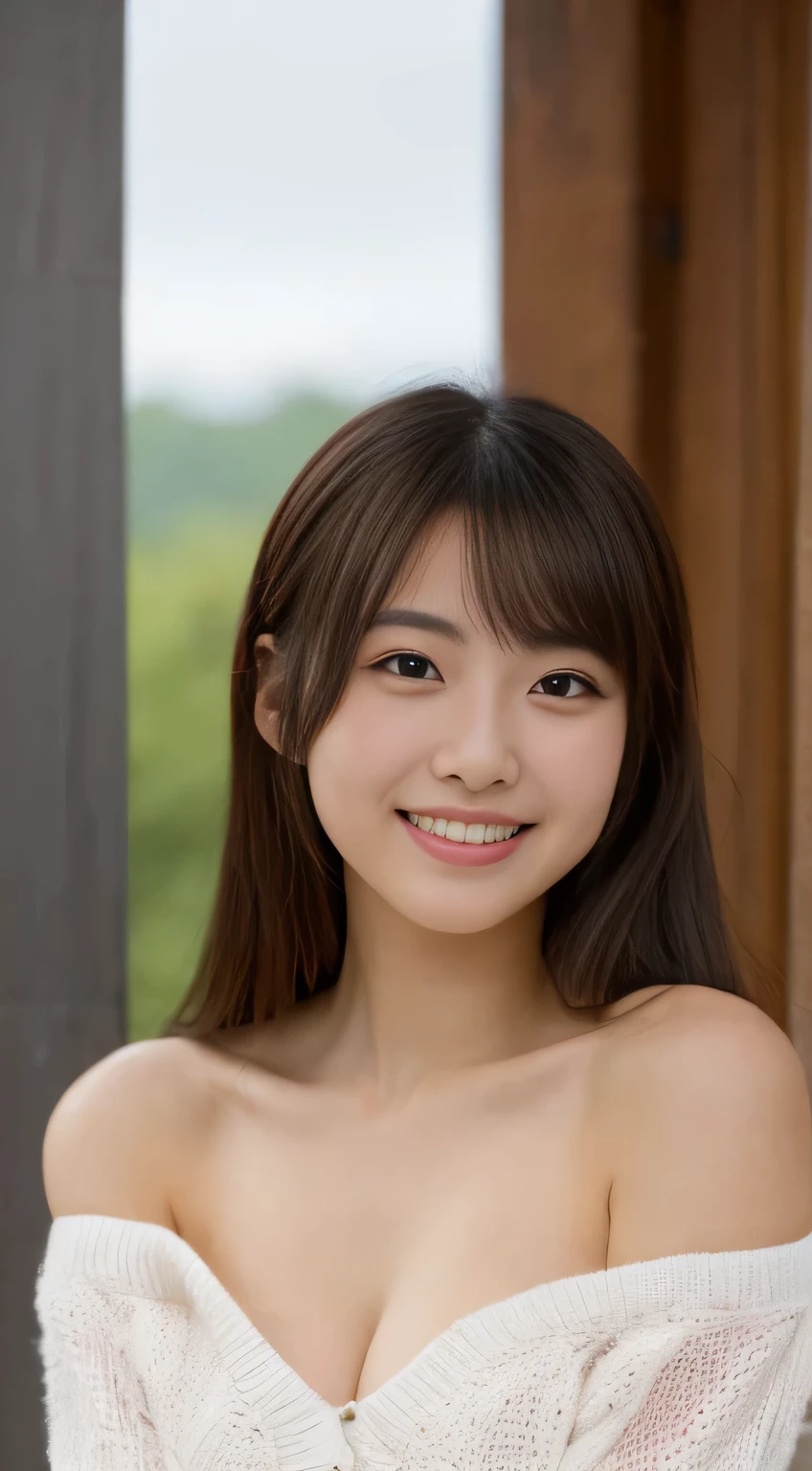 masterpiece,best quality,(Japanese girl),((Beautiful girl)),cleavage,(off shoulder:1.2),(perfect body beauty:1.2),(shy smile),From above