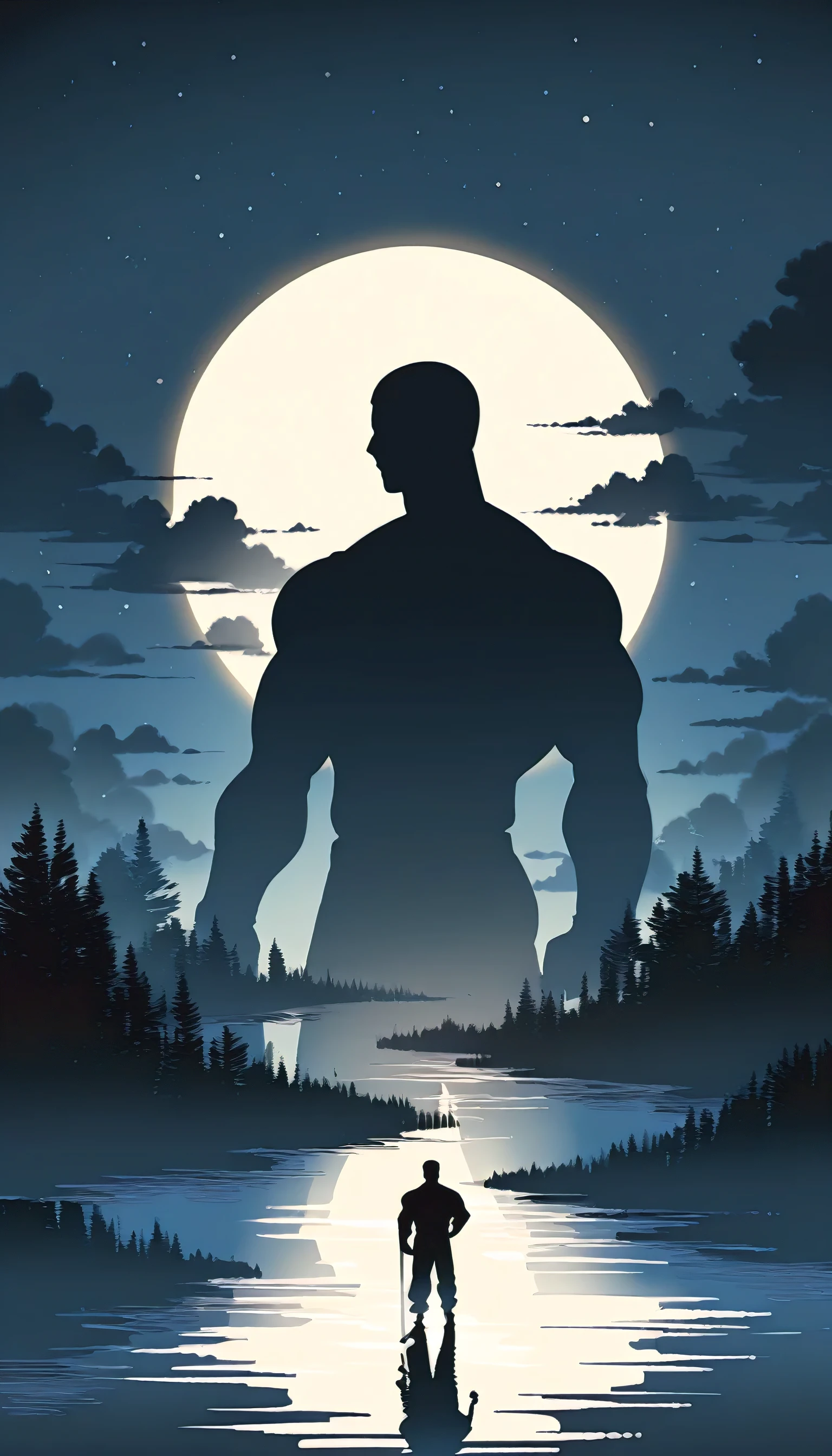 A Strong Buddhist muscular man stands in the smoke, Black jumpsuit, Very tight, Silhouette effect, Tall muscular man, Priapus, Dark Black, Dark black skin, Buzz Cut, His muscles are very developed, Very tall, short hair, Blend into the smoke, Lake, Reflection, Stars, moonlight, Big Moon, Man silhouette, Chinese, black and white, Simple style
