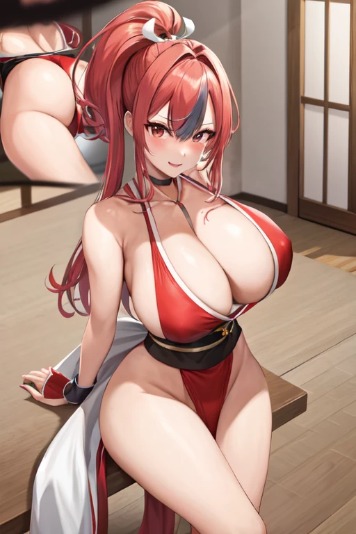 masterpiece, best quality, beautiful art, high resolution, well formed hands, body and fingers, 1 woman, solo, Bremerton, red makeup, red lipstick,adult, grown up, cosplaying as Mai Shiranui , mai_shiranui_cosplay, adult, large and big breasted, cleavage, full body , hair ribbon, gorgeous legs and, thighs, sexy Japanese clothes, hair ornament , sexy and bare legs , hips and thighs, panties peek, fighting in a combat match, showing her fighting skills, making her guard, about to hit the viewer, looking at the viewer, close up on her bouncing breasts, sweating, bouncing breasts, smiling joyfully and brightly, seductive face, being confident and proud, action and fighting scene, martial arts tournament on the beach fighting in a combat match, showing her fighting skills, making her guard, about to hit the viewer, looking at the viewer, cowboy shot on her bouncing breasts, sweating, bouncing breasts, smiling joyfully and brightly, seductive face, being confident and proud, action and fighting scene, martial arts tournament on the beach sonment