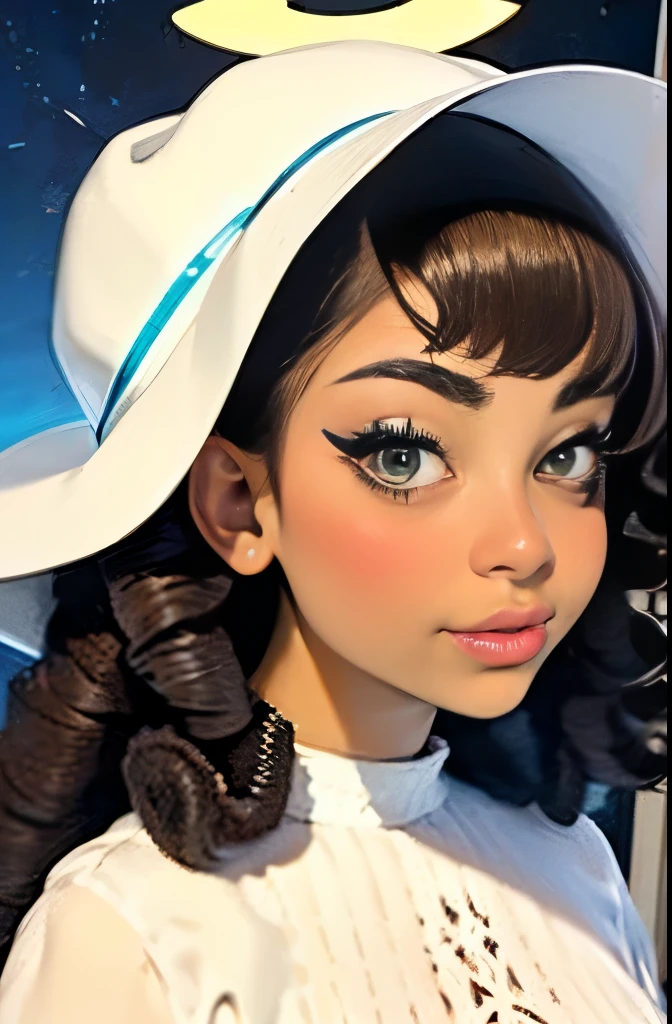 there is a woman wearing a white hat and a white dress, soft devil queen madison beer, wearing white silk hood, curly bangs, she has olive brown skin, tessa thompson inspired, ☁🌪🌙👩🏾, brown skin. light makeup, her face framed with curls, with brown skin, cute complexion, wearing angel halo covered face, curly