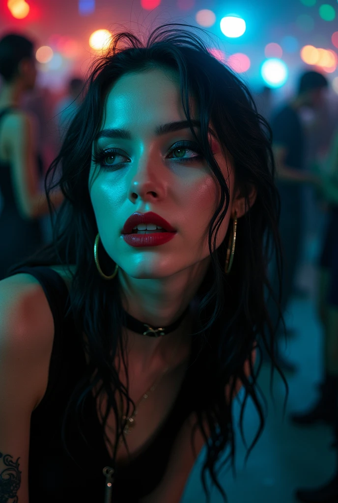 (masterpiece, hyperrealism, sharp images, photorealistic, best quality:1.5), (she is on her back looking slightly behind his shoulder) (Full body portrait, sky view), (highly detailed face:1.5), (has white skin, highly detailed skin:1.8), (20 years old woman) (she has very black wavy hair) (breast size: 1.3), detailed hd beautiful dark green eyes, lips marked with red lipstick, flirtatious look, big light green eyes, bold black eye shadows, huge eyelashes, (she is wearing a metalhead style clothing (a black leather shirt and black leather pants) the upper garment is short) (she has her eyes closed, and her body, face and hair are slightly sweaty) (she is in a discotheque, she is dancing passionately in the crowd, eyes closed and one arm raised while dancing) (there are a lot of people around, and blue, green and red lights) (background, it is already dark, people in the crowd have different styles of clothing)