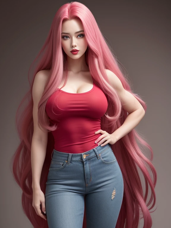 Perfect face, red lips, brown eyes ,long hot pink hair with very long hot pink hair, super long hot pink hair with very super long hot pink hair, large hair, huge hair ,A woman with muscular body and big breasts, wearing red shirt, with jeans,She looks hard, her head held high , realistic proportions, good proportions