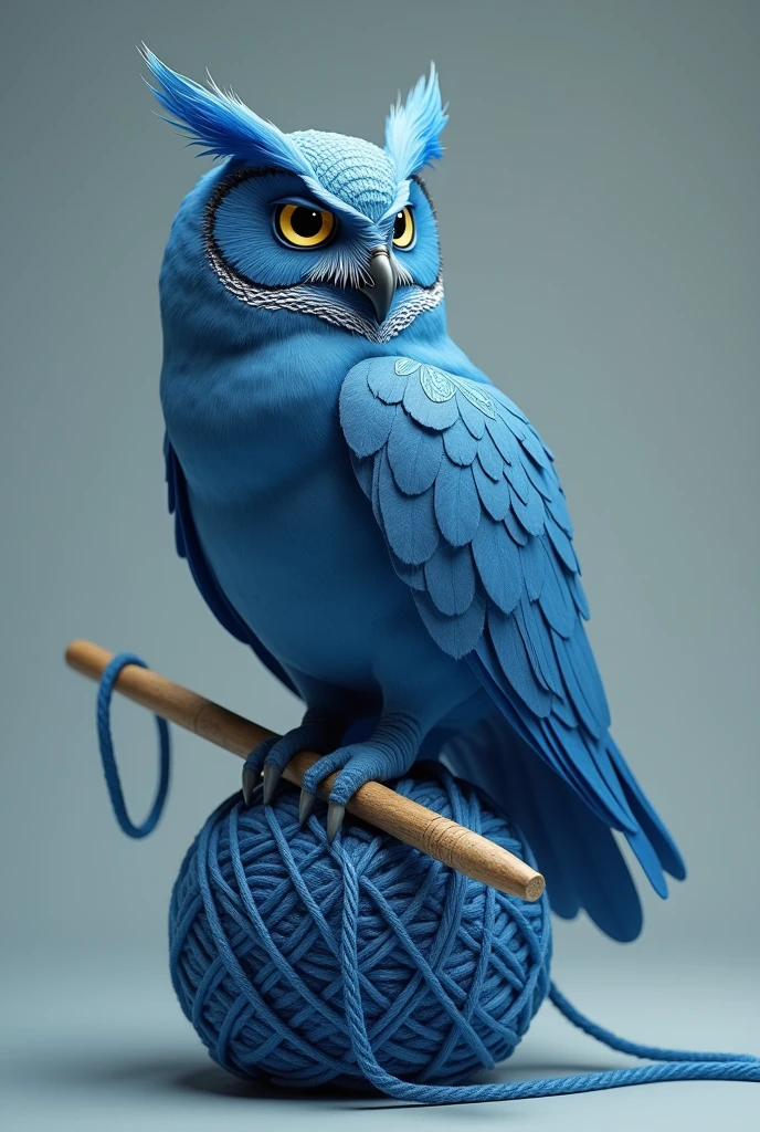 A blue owl on a ball of yarn with a wooden knitting hook buried in the minimalist ball
