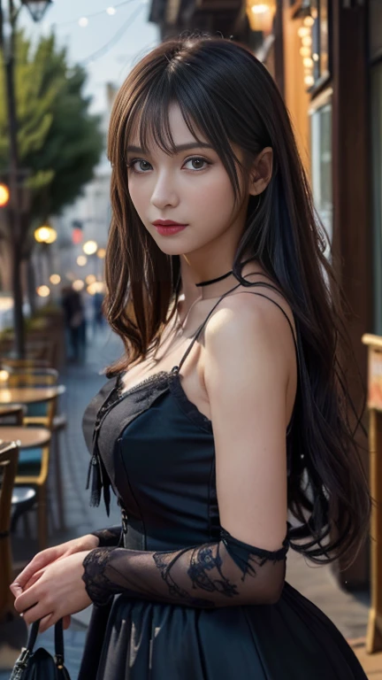 ((masterpiece:1.4, Highest quality)), (Realistic photos:1.4), ((1 person)), (Otherworldly beauty), (dream-like), (超High resolution:1.2), Very delicate and beautiful, wonderful, Very detailed CG Unity 8k wall paper, Very detailed, High resolution, Soft Light, Beautiful detailed, Very detailed eyes and face, Beautiful and detailed nose, Beautiful and detailed, (Wearing a late 19th century black Gothic dress:1.3), (In front of the cafe at night:1.3), Cinema Lighting, Perfect Anatomy, Slender body, (Parted bangs), (The world of impressionist painting:1.5), (Impressionist light and colour), (「Cafe terrace at night」), Cowboy Shot