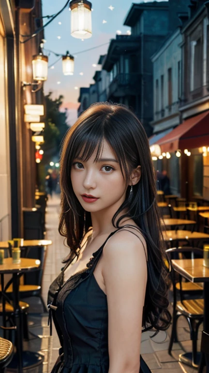 ((masterpiece:1.4, Highest quality)), (Realistic photos:1.4), ((1 person)), (Otherworldly beauty), (dream-like), (超High resolution:1.2), Very delicate and beautiful, wonderful, Very detailed CG Unity 8k wall paper, Very detailed, High resolution, Soft Light, Beautiful detailed, Very detailed eyes and face, Beautiful and detailed nose, Beautiful and detailed, (Wearing a late 19th century black Gothic dress:1.3), (In front of the cafe at night:1.3), Cinema Lighting, Perfect ???????, Slender body, (Parted bangs), (The world of impressionist painting:1.5), (Impressionist light and colour), (「Cafe terrace at night」), Cowboy Shot