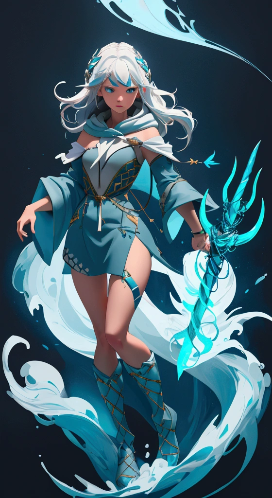 envision a 8k, highres, cinematic, full body design of an Atlantean girl named Gawr Gura with shoulder length white hair with blue highlights in a blue shark hoodie holding Poseidon's trident against a dark gray background