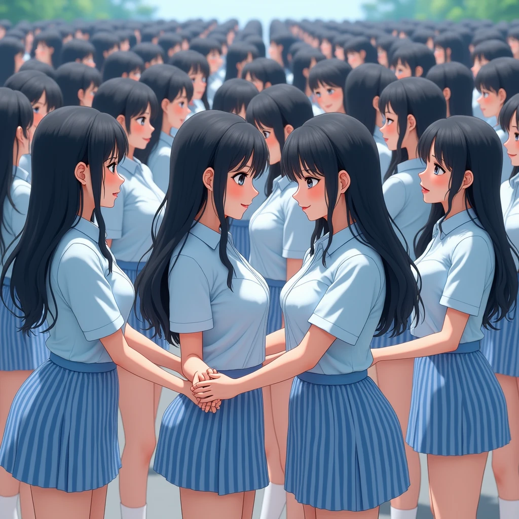 (((((Japanese Clone-girls=Myself))))), (((Best Super Perfect Clone-girls Raw Photography Art, 16K, Highest quality, Ultra-high resolution))), (((So unrealistic, ((Myself increases)), Fantasy World, Ultra-realistic))), (((Japanese, Ishida-Yuriko, , Small face, Thick black hair, Semi-long hair, Dark Eyes, Mature face, Cute Smile, Smiling face, A gentle gaze, (((Very happy laughter)))))), (((Very beautiful detailed girls, Accurate body structure, Accurate body movements, Very detailed body, (((Big Breasts, J-Cup)))))), (((Summer Girls' School Uniform, Light blue shirt, I can see the cleavage, Big Breasts強調, blue and white striped mini skirt))), ((((((((Very detailed, Myself cloning, Depiction of splitting oneself, 1Myself girl-cloning-1,000,000Myself clone-girls)))))))), (((((((Very detailed clone depiction, (((The same perfect female body as Myself, Myself and the same perfect face, Perfect same hairstyle as Myself, Myself and the perfect same outfit, Perfect height with myself, Myself and perfect J-Cup)))))))))), (((((Myself clone-girls only))))), (((((1,000,000,000Myself clone-girls))))), (((Very detailed, Extremely crowded, Body-to-body contact with no gaps))), (Bright and soft lighting), (((((Clear and accurate perspective depiction, super wide view, Ultra-wide field of view, Focus on the average value of the image))))), (((((Myself clone-girls, With very detailed depiction, Pleasant conversation, Holding hands, Hug, Skinship with multiple people)))))