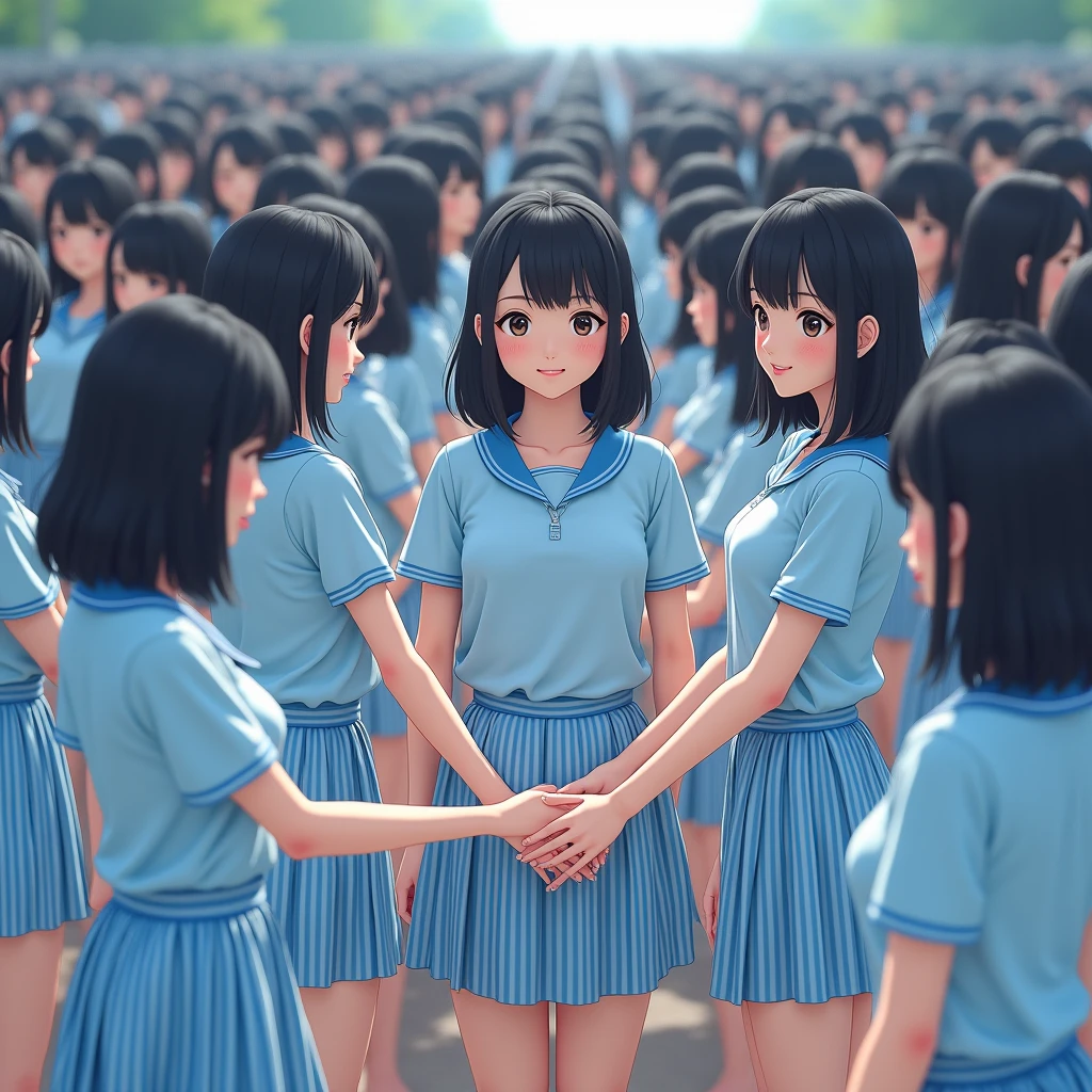 (((((Japanese Clone-girls=Myself))))), (((Best Super Perfect Clone-girls Raw Photography Art, 16K, Highest quality, Ultra-high resolution))), (((So unrealistic, ((Myself increases)), Fantasy World, Ultra-realistic))), (((Japanese, Ishida-Yuriko, 16yo, Small face, Thick black hair, Semi-long hair, Dark Eyes, Mature face, Cute Smile, Smiling face, A gentle gaze, (((Very happy laughter)))))), (((Very beautiful detailed girls, Accurate body structure, Accurate body movements, Very detailed body, (((Big Breasts, J-Cup)))))), (((Summer Girls' School Uniform, Light blue shirt, I can see the cleavage, Big Breasts強調, blue and white striped mini skirt))), ((((((((Very detailed, Myself cloning, Depiction of splitting oneself, 1Myself girl-cloning-1,000,000Myself clone-girls)))))))), (((((((Very detailed clone depiction, (((The same perfect female body as Myself, Myself and the same perfect face, Perfect same hairstyle as Myself, Myself and the perfect same outfit, Perfect height with myself, Myself and perfect J-Cup)))))))))), (((((Myself clone-girls only))))), (((((1,000,000,000Myself clone-girls))))), (((Very detailed, Extremely crowded, Body-to-body contact with no gaps))), (Bright and soft lighting), (((((Clear and accurate perspective depiction, super wide view, Ultra-wide field of view, Focus on the average value of the image))))), (((((Myself clone-girls, With very detailed depiction, Pleasant conversation, Holding hands, Hug, Skinship with multiple people)))))