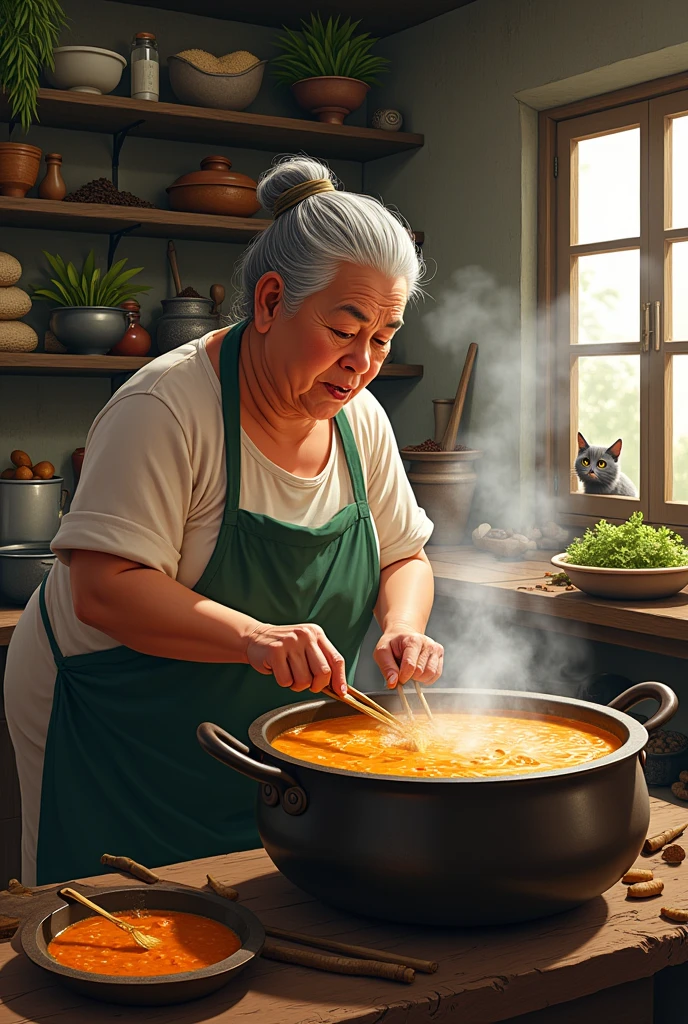 A fat old Thai woman is cooking in the kitchen of a Thai temple. She is boiling a large pot of curry. There are various cooking utensils and ingredients for cooking, both vegetables and meat. There is a cat thief staring at the food by the window.